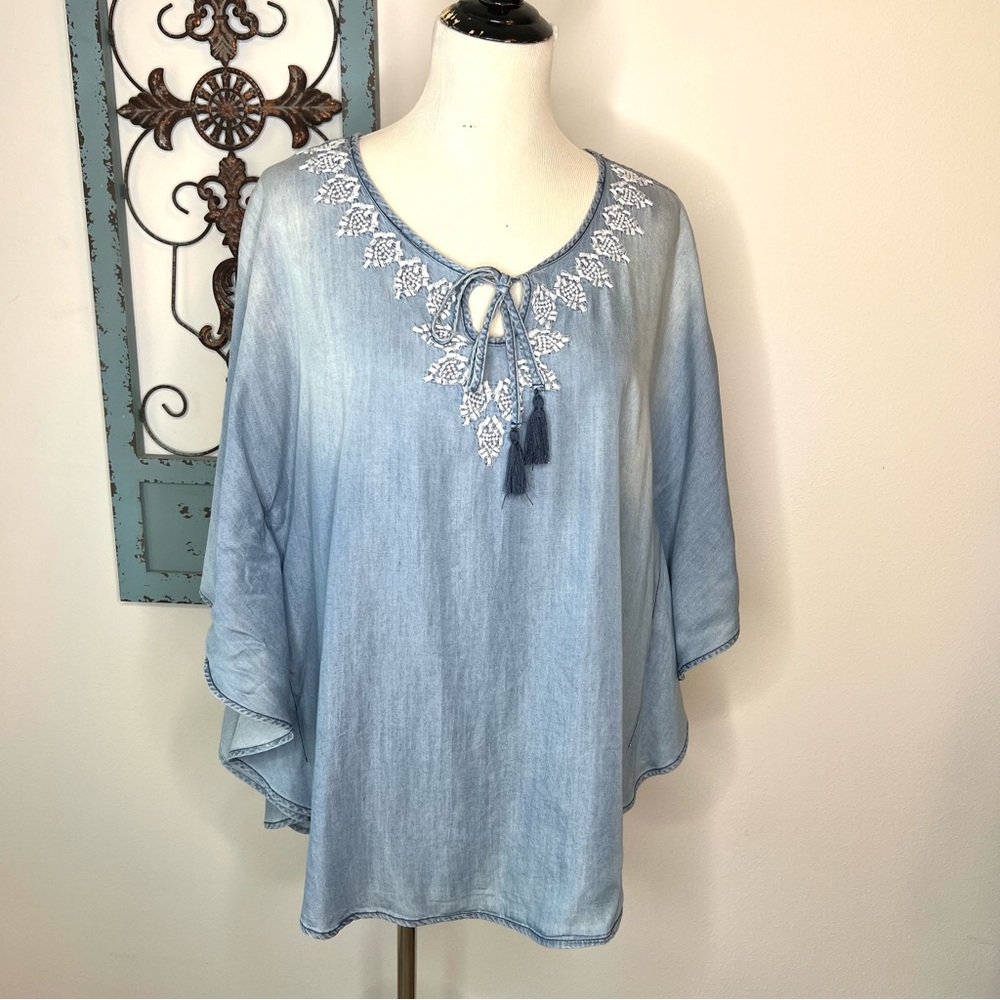 EST. 1945 Denim Embroidered Neckline Top, Tassel Tie Front